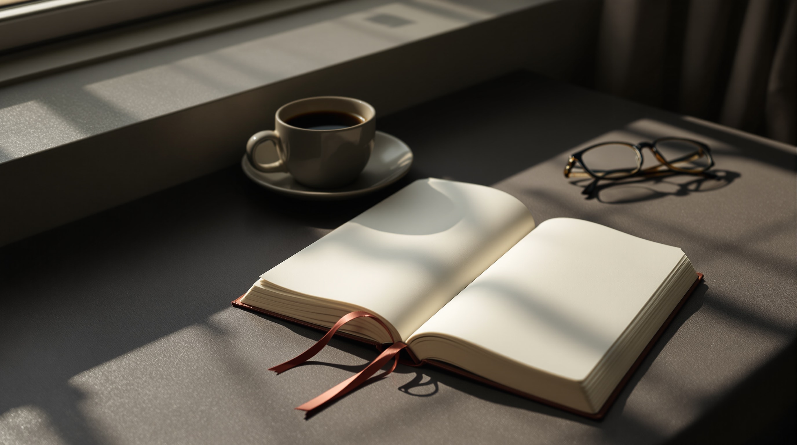 Cuaderno abierto y gafas de lectura sobre una mesa oscura